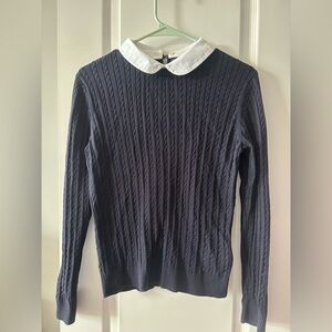 Brooks Brothers Navy Blue Cable Knit Sweater with Removable White Collar
